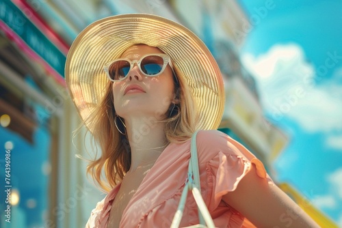 A stylish woman enjoys a sunny day out shopping in the city photo