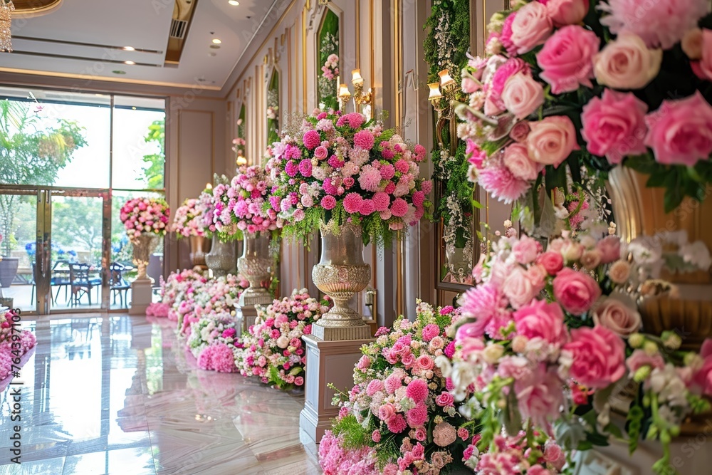 An elegant hall is lavishly decorated with lush pink flower arrangements