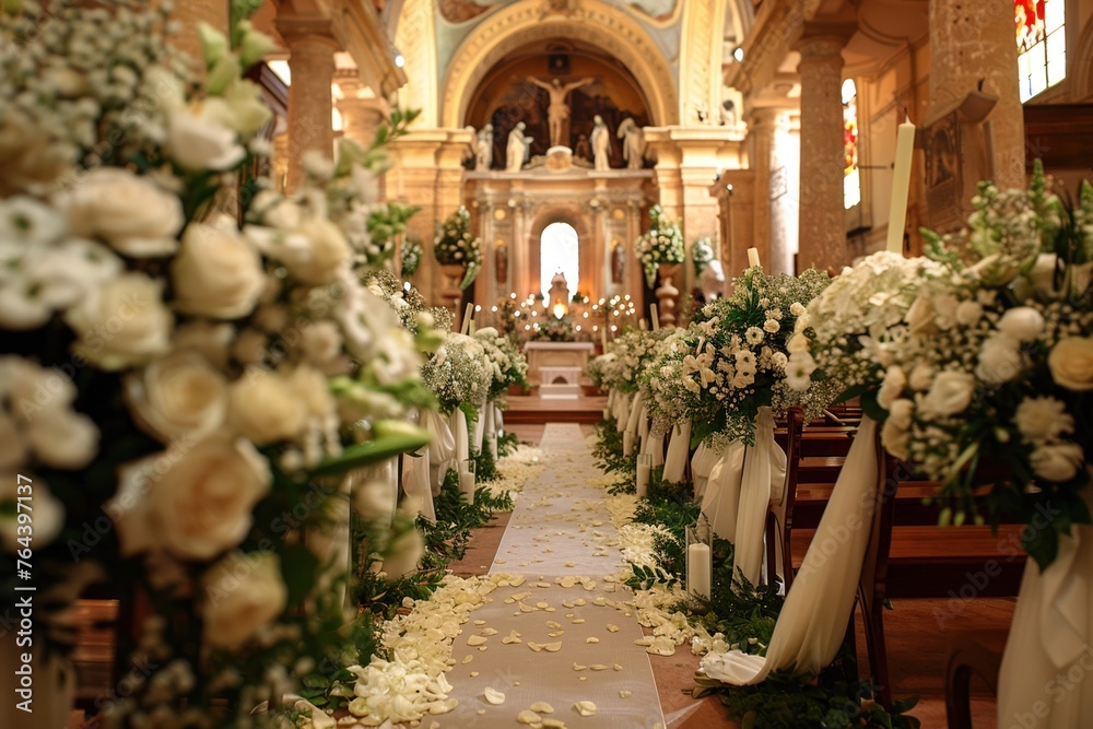 An elegant wedding venue is adorned with lush floral decorations ready for a ceremonial celebration
