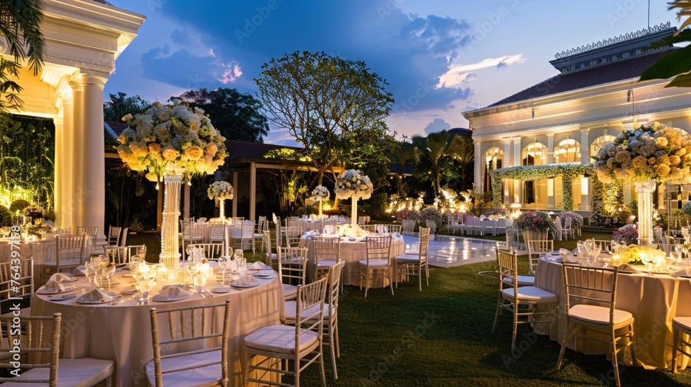 An elegant white garden wedding reception venue is ready to welcome guests