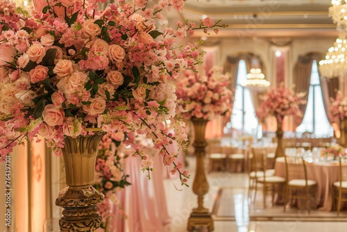 An elegant hall is lavishly decorated with lush pink flower arrangements