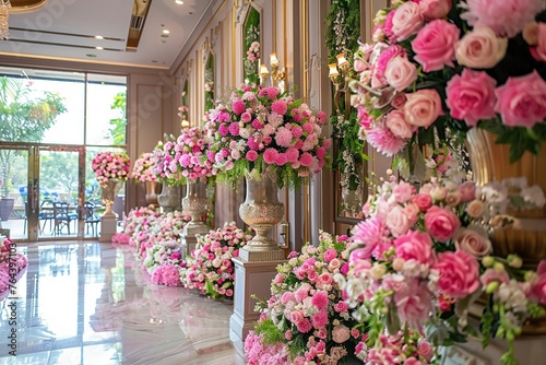 An elegant hall is lavishly decorated with lush pink flower arrangements