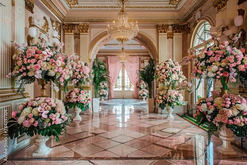 An elegant hall is lavishly decorated with lush pink flower arrangements
