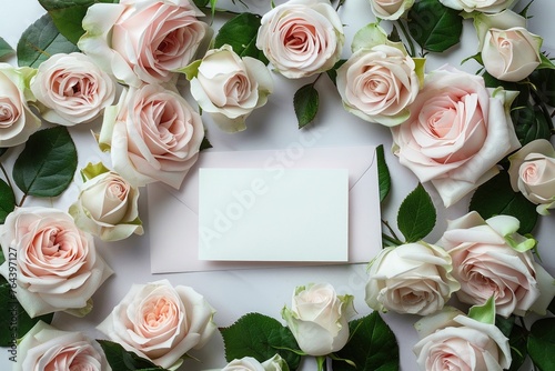 An elegant wedding invitation mockup lies surrounded by soft pink roses