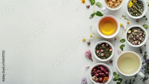 Various herbal teas in white cups on a white table