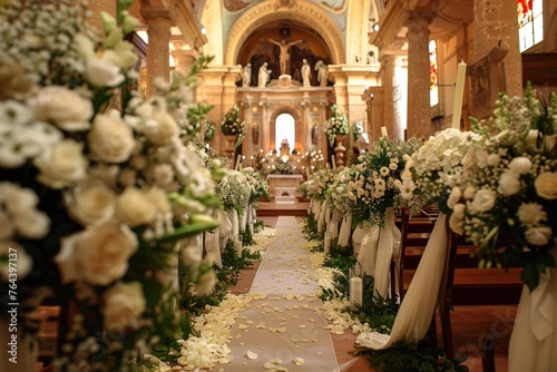 An elegant wedding venue is adorned with lush floral decorations ready for a ceremonial celebration © Creative_Bringer