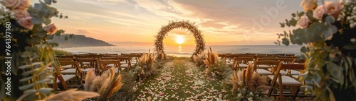 An enchanting outdoor wedding aisle adorned with a beautiful floral arch