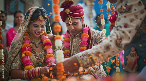 An Indian bride and groom in traditional wedding attire exchanging garlands during a ritual in their marriage ceremony. photo