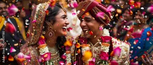 An Indian couple celebrates their wedding with a vibrant flower shower
