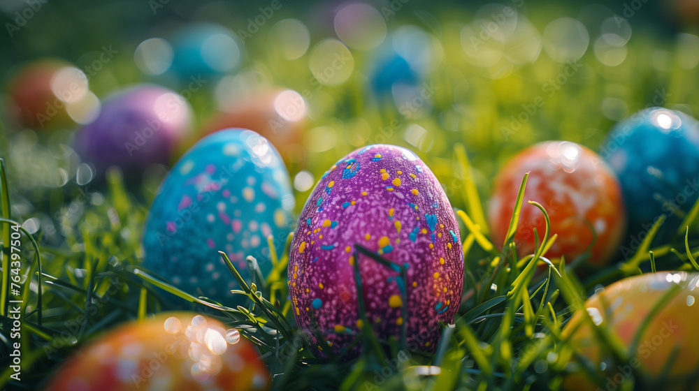 A collection of colorful eggs, ranging from bright blues to pastel pinks, are scattered across the vibrant green grass, creating a festive and joyful Easter scene. Generative AI A collection of colorful eggs, ranging from bright blues to pastel pinks, are scattered across the vibrant green grass, creating a festive and joyful Easter scene. Generative AI
