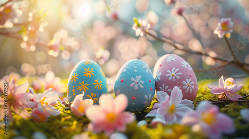 A group of eggs are nestled on a grassy field, creating a vibrant and festive Easter background with plenty of copy space. Generative AI