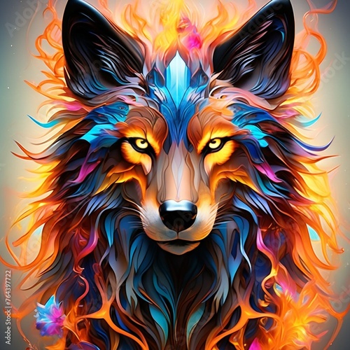 The image features a close-up of a wolf's face with an orange and blue mane. The wolf has yellow eyes and is surrounded by orange, blue, and purple flames. The background is a gradient of blue .