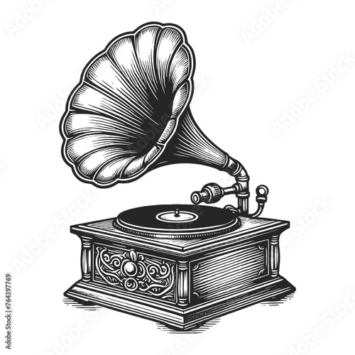 antique phonograph, capturing the nostalgia of early recorded music sketch engraving generative ai fictional character vector illustration. Scratch board imitation. Black and white image.