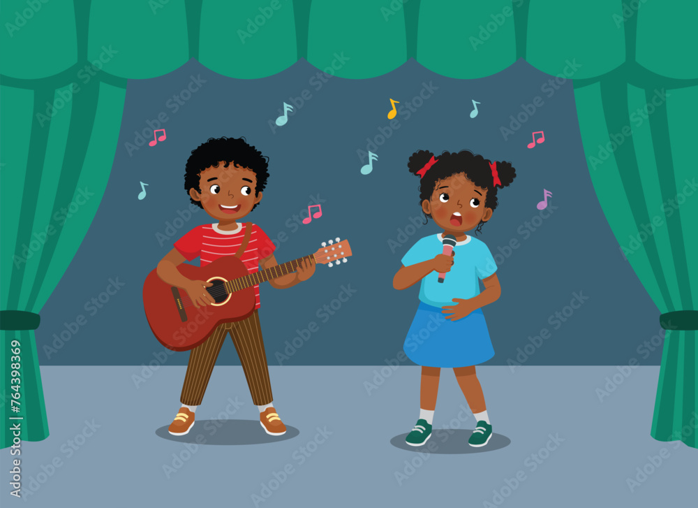 Naklejka premium Cute little African kids singing and playing guitar performing on the stage