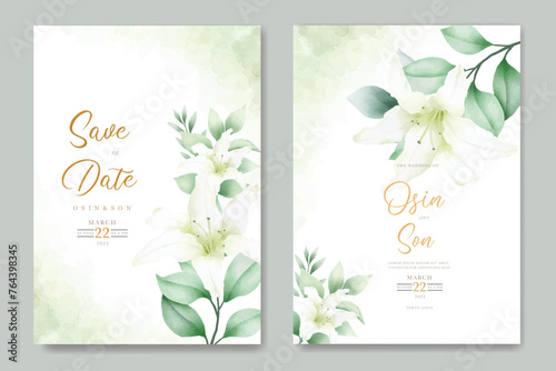 Watercolor lily floral wedding invitation card template 