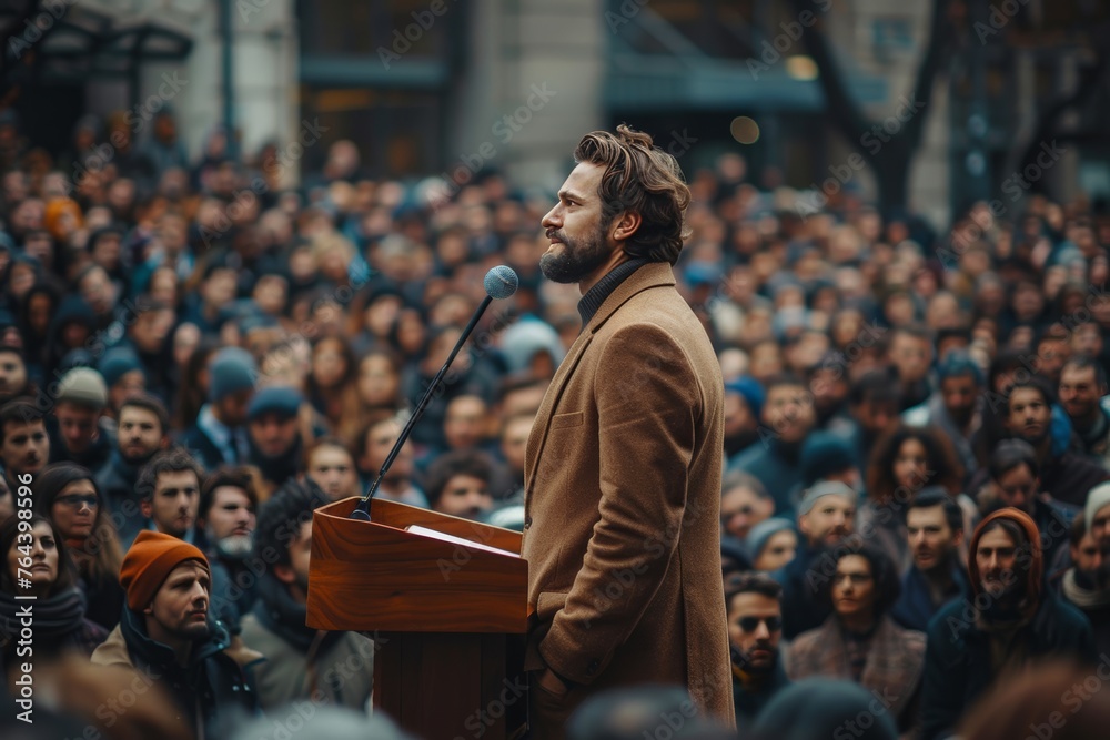 Suited presenter mesmerizes audience from podium, displaying confidence. Suited presenter mesmerizes audience from podium, displaying confidence.