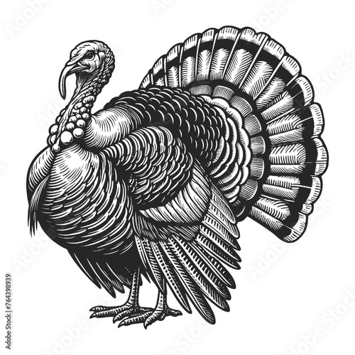 turkey farm bird in a vintage style sketch engraving generative ai vector illustration. Scratch board imitation. Black and white image.