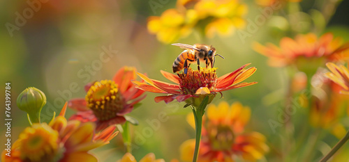 A bee is sitting on top of an orange and yellow flower with other flowers in the background. The focus point should be at about half height, and it would capture a closeup shot  © Clipart Collectors