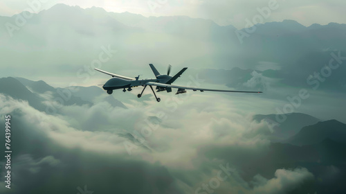 An unmanned military drone UAV glides through the air, conducting a reconnaissance flight over snow-capped mountain hills. Against the picturesque backdrop of the rugged terrain, the drone carries out