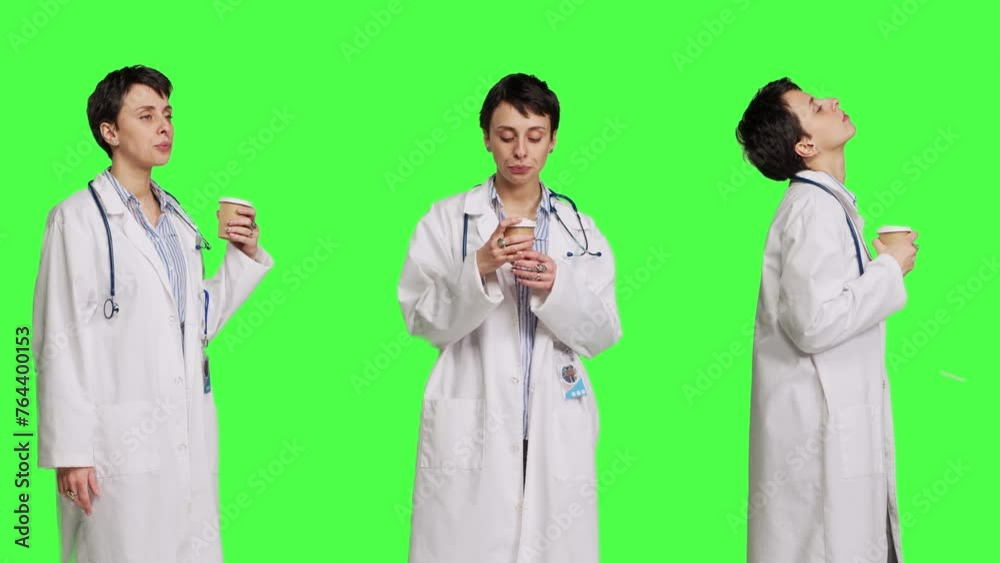 Happy medic serving hot coffee cup as refreshment against greenscreen backdrop, wearing white coat and drinking caffeine beverage. General practitioner enjoying drink, medical expertise. Camera B. Happy medic serving hot coffee cup as refreshment against greenscreen backdrop, wearing white coat and drinking caffeine beverage. General practitioner enjoying drink, medical expertise. Camera B.