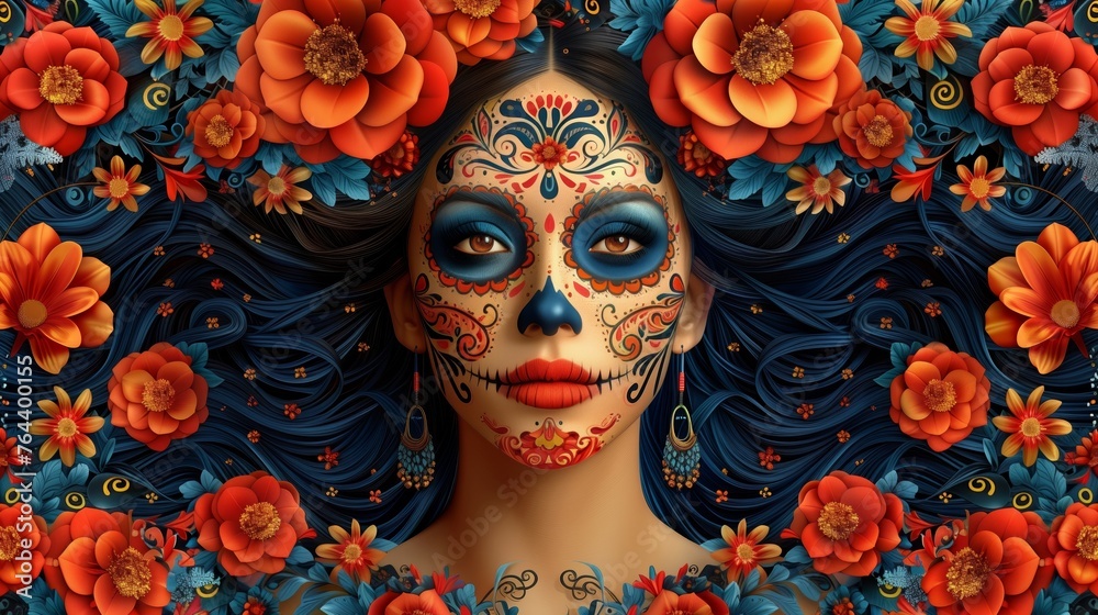 A vibrant digital artwork featuring a woman with Day of the Dead makeup surrounded by stylized marigolds and flowing hair