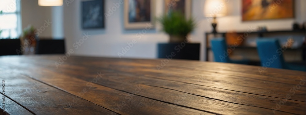 Wooden table top with copy space with blurred Art gallery background Wooden table top with copy space with blurred Art gallery background