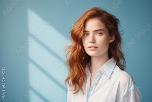 Portrait of a beautiful young redhead woman with freckles