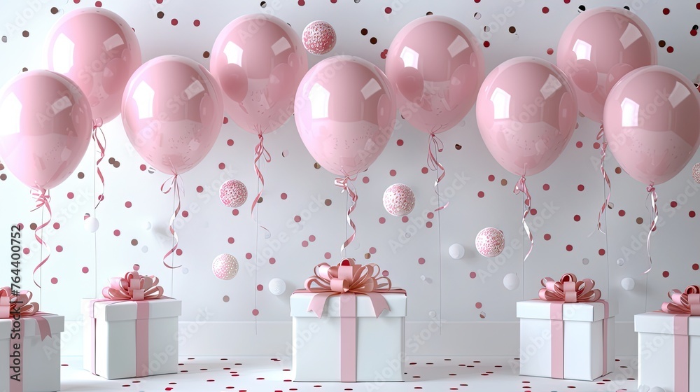 pink balloons and gift boxes with ribbons on white background d render ...