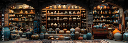 Room filled with shelves of colorful and intricate pottery created with , Mexican Nahuatl crafts
