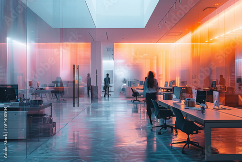 A contemporary office space bathed in warm, ambient lighting, featuring a sleek interior design and active employees.