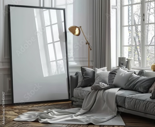 Black Frame Mockup Set in a Classic White Interior with Modern Furniture. Presented in 3D Render. Made with Generative AI Technology