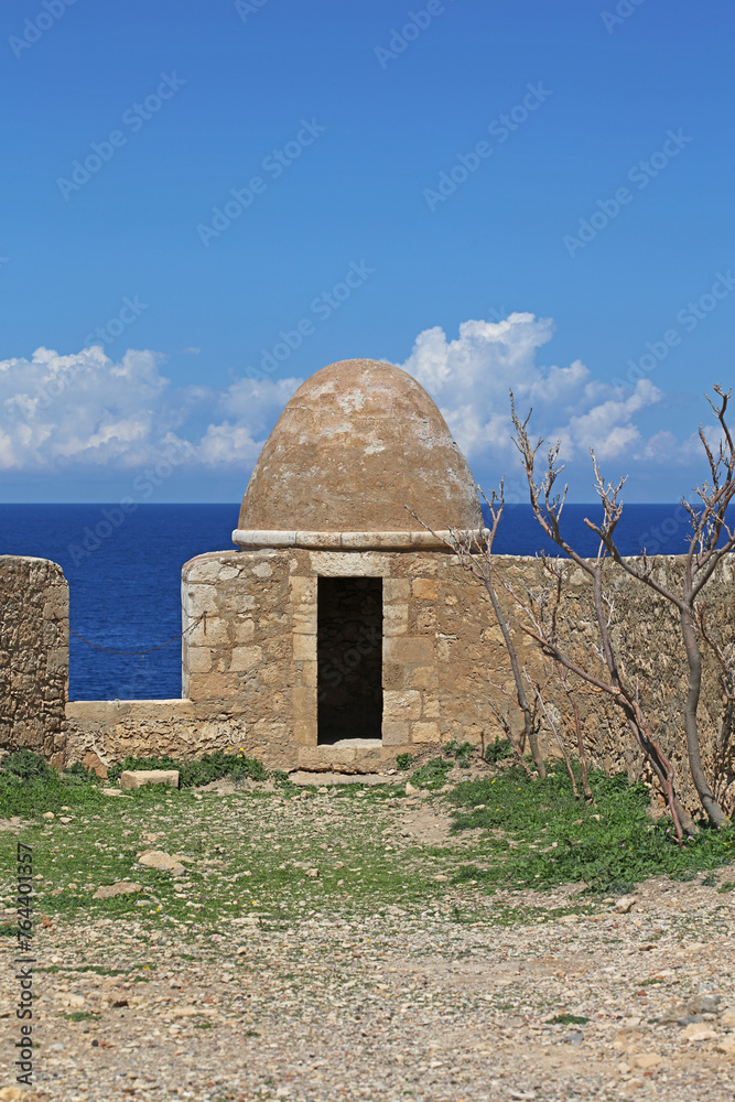 Fortezza fortress castle in Crete island holidays exploring the old ancient stone city monuments close up summer background carnival season high quality big size prints