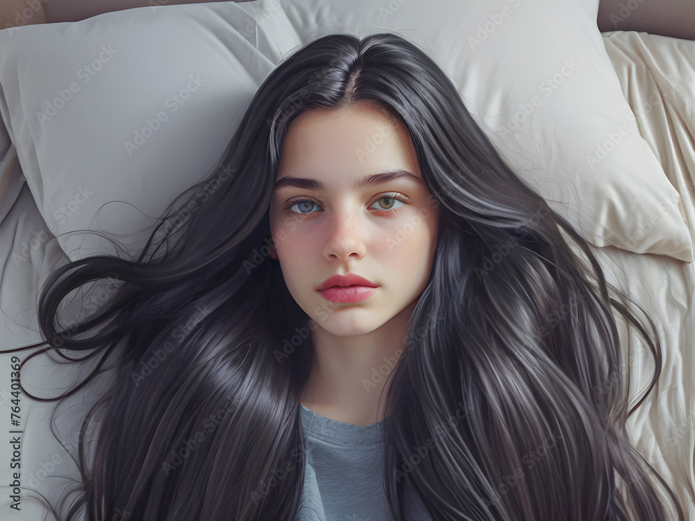 Naklejka premium Eye heterochromia and beauty concept. Cute girl with different eye colors and healthy hair relaxing on bed top view photo
