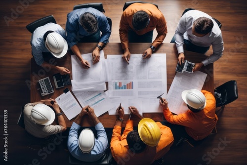 top view of group of engineers working together and discussing development project with building blueprint on the table