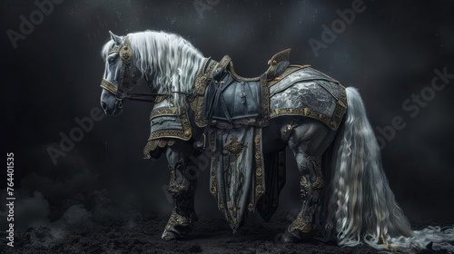 A majestic horse stands proud  adorned in intricate armor  under a dramatic stormy sky  embodying strength and the spirit of a bygone era.