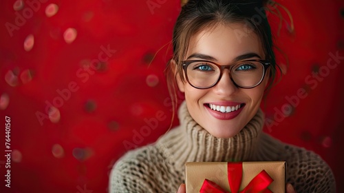 happy smiling woman holding gift box over red background  photo