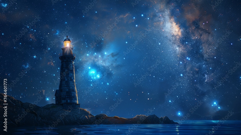 A majestic lighthouse stands as a sentinel on rocky shores, its beacon shining brightly under a magnificent starry night sky.