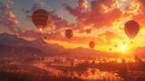 As the sun rises, colorful hot air balloons float dreamily over misty mountains, creating a serene and enchanting morning landscape.