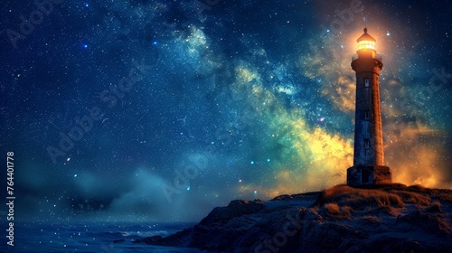 A majestic lighthouse stands as a sentinel on rocky shores, its beacon shining brightly under a magnificent starry night sky.