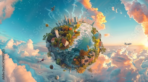 a surreal representation of a globe where urban cityscapes and natural landscapes coexist harmoniously, with planes circling a fantastical sky. #764401923