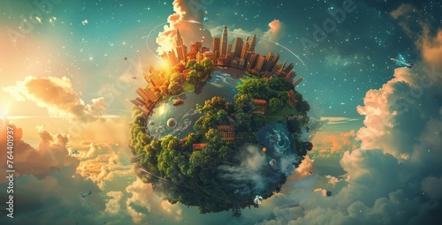 a surreal representation of a globe where urban cityscapes and natural landscapes coexist harmoniously, with planes circling a fantastical sky. #764401937