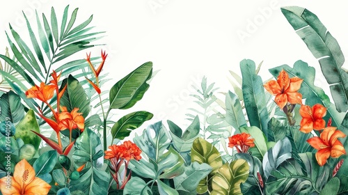 A vibrant and detailed illustration showcasing a variety of tropical plants and flowers, illustrating the rich biodiversity of tropical ecosystems. © Riz