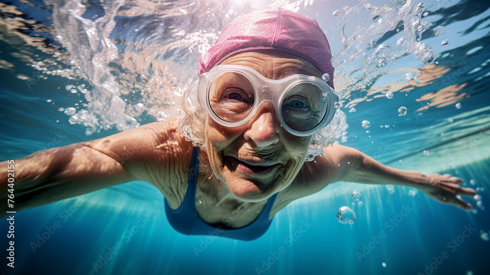Naklejka premium 水泳・スイミングをする元気な高齢者の女性・プールで泳ぐシニア
