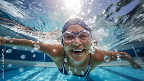 水泳・スイミングをする元気な高齢者の女性・プールで泳ぐシニア photo