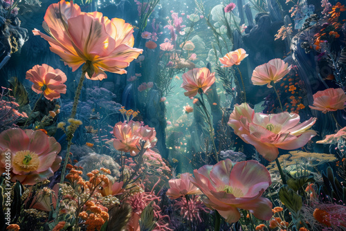Surreal underwater garden scene with vibrant flowers basking in ethereal light, creating a dreamlike ambiance.