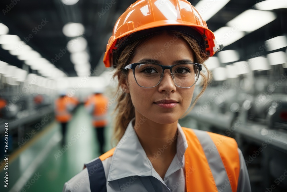Female factory worker wearing safety helmet on factory production background Female factory worker wearing safety helmet on factory production background