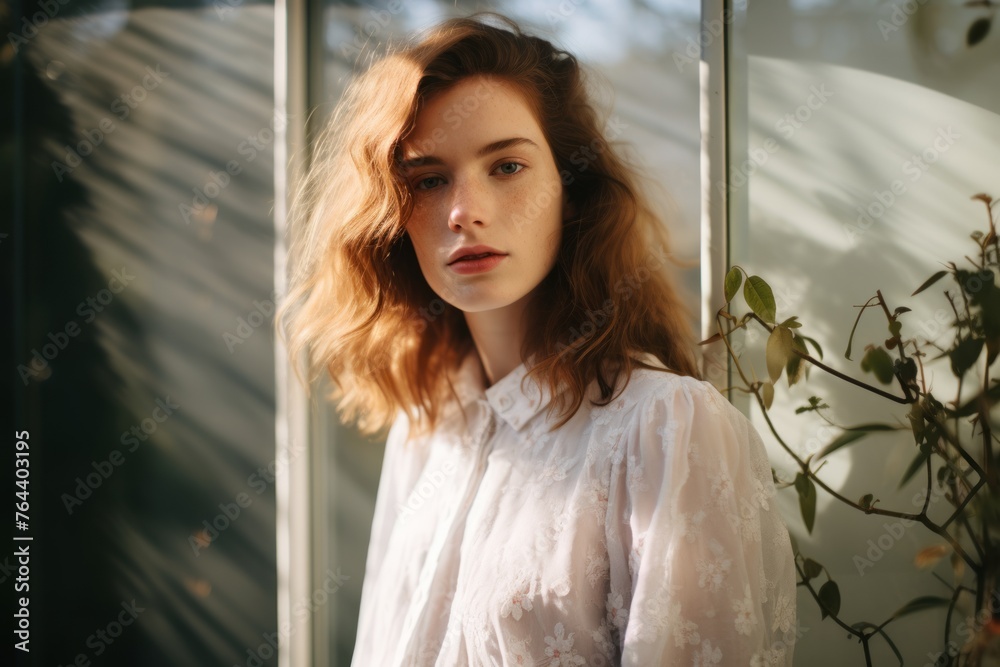 Portrait of a beautiful young woman with red hair in a white shirt Portrait of a beautiful young woman with red hair in a white shirt
