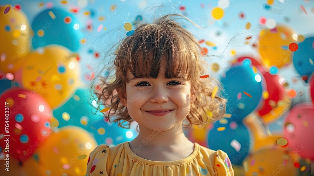 Joyful Kid with Colorful Balloons and Confetti on Blue Sky Background - Celebrating Childhood Fun and Happiness Joyful Kid with Colorful Balloons and Confetti on Blue Sky Background - Celebrating Childhood Fun and Happiness