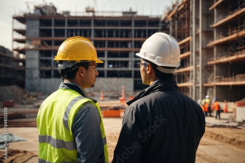 back view of engineer and architect on construction site with building background