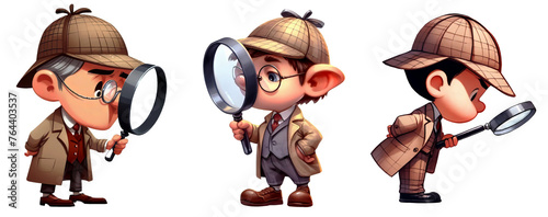 A set of 3 cartoon detectives searching for clues, isolated on a transparent  background